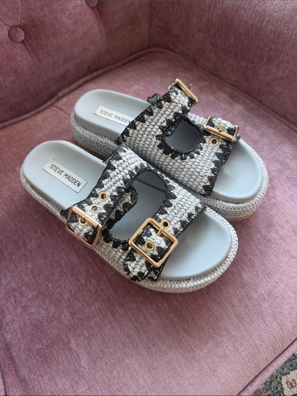 Steve Madden light blue & navy/black woven Dual Buckle Slide Sandals
